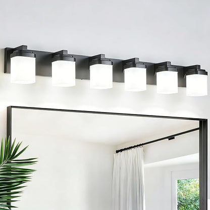 Vanity Lights, Modern Bathroom Light Fixtures Wall Sconce Light | 6-light black bathroom light fixtures over mirror with milky white square glass shade, 45 Inches farmhouse lighting fixtures