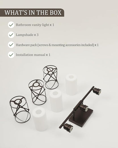 3-Light Oil Rubbed Bronze Bathroom Light Fixtures Over Mirror, 21" UL-Listed Modern Farmhouse Wall Sconce Lights with Milk White Frosted Glass and Metal Cage for Bath, E26, CH9176ORBW-3W