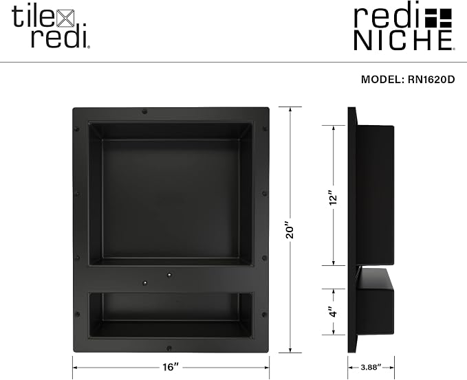 Tile Redi USA Niche Double Recessed Shower Shelf – Black, Two Inner Shelves with Divider, 16-Inch Width x 20-Inch Height x 4-Inch Depth (RN1620D-BI)