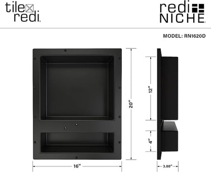 Tile Redi USA Niche Double Recessed Shower Shelf – Black, Two Inner Shelves with Divider, 16-Inch Width x 20-Inch Height x 4-Inch Depth (RN1620D-BI)
