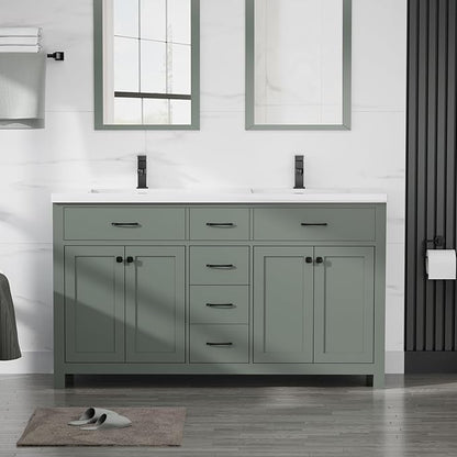LUCKWIND 60" Bathroom Vanity and Sink Combo, Painted Modern Bathroom Storage Cabinet with Double Ceramic Sink, Four Doors and Three Drawers, Include Faucet, Without Mirror, Green