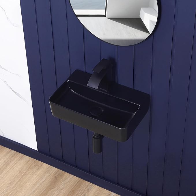 Wall Mount Bathroom Vessel Sink Matte Black 17.7"x11" Rectangular Floating Porcelain Ceramic Black Wall Hung Vanity Basin Sink for Home,RV,Bathroom