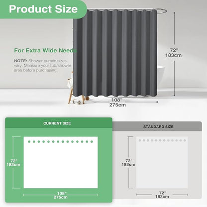 Extra Wide Waffle Shower Curtain 256 GSM 108"x72" Charcoal Grey | 108 Inch Wide, Thick Cloth, Weighted Hem, Water Repellent, Hotel Luxury Polyester Shower Curtain Set for Bathroom 18 Hooks