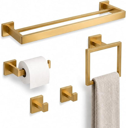 Luxury 5-Piece Bathroom Hardware Set, 23.6" Double Towel Bar & Wall Mounted Bathroom Accessories Set, SUS304 Stainless Steel Solid Metal Construction, Modern Square Design, Brushed Gold