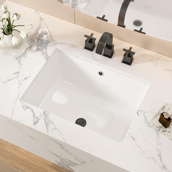 White Ceramic 20"x15" Undermount Bathroom Lavatory Sink | Rectangle under counter white bathroom vessel sink for bathroom