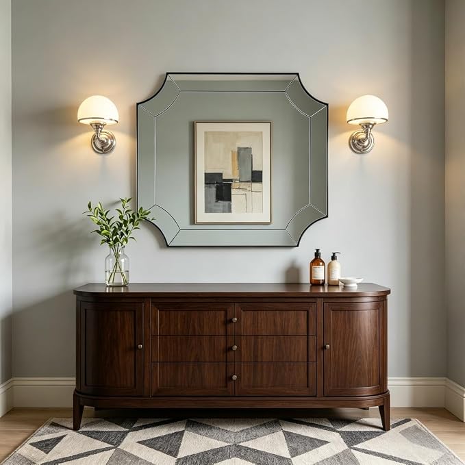 30"x30" Brushed Nickel Square Mirror, Silver Bathroom Mirror for Over Sink, Modern Mirror with Unique Notched Corner, Non-Rusting Vanity Mirror in Delicate Tessellated Glass Design