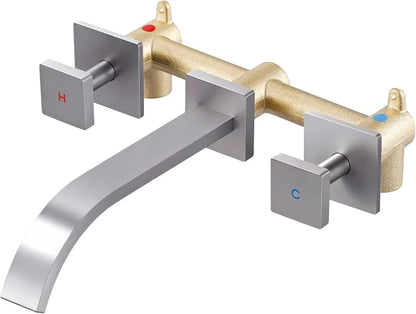Wall-Mounted Bathroom Sink Faucet, Brushed Nickel Bathroom Faucet | Waterfall Bathroom Faucet with Two Handles, Brass Bathroom Sink Faucet, Wall-Mounted Washroom Faucets and Rough-in Valve