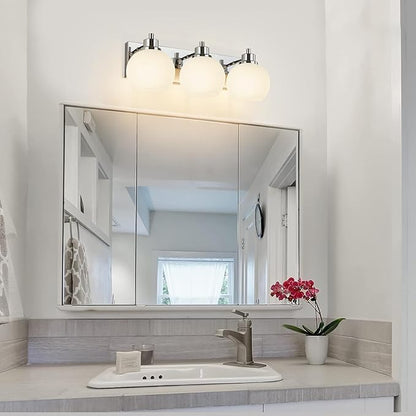 Tuscarora Chrome Vanity Light - 3 Light Bathroom Vanity Light with Milk Glass Shade, Over Mirror Lighting Fixture