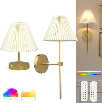 Battery Operated Wall Sconces Set of 2,Gold Rechargeable Wall Lights with Remote,3000mAh Dimmable 3 Timer Magnetic Bulbs,Indoor Wireless Lamps for Bedroom Living Room Hallway Bathroom