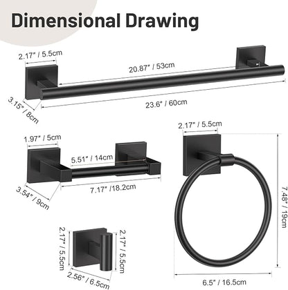 Lairuier Matte Black Bathroom Accessories, Towel Bar Set Wall Mounted | 5 Pieces Bathroom Hardware Set, SUS304 Stainless Steel Double Base 23.6" Towel Bar, Towel Ring, Toilet Paper Holder & Hooks