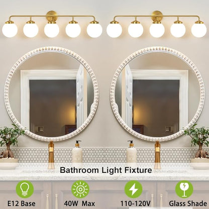 Bathroom Light Fixtures Gold Vanity Lights Over Mirror, Modern Wall Sconce Lighting 5-Light with White Glass Globe Shade