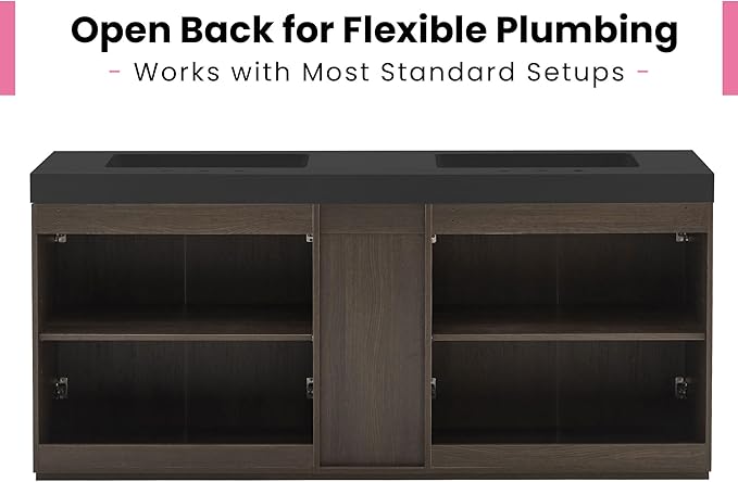 72" Bathroom Vanity with Sink Combo, Mid Century Modern Bathroom Cabinet with 4 Doors & Open Shelf, Matte Black Integrated Sink with Overflow, Dark Grey Oak