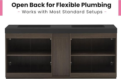 72" Bathroom Vanity with Sink Combo, Mid Century Modern Bathroom Cabinet with 4 Doors & Open Shelf, Matte Black Integrated Sink with Overflow, Dark Grey Oak