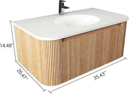 36 Inch Wall Mounted Bathroom Vanity with Ceramic Sink, Pre-Assembled Floating Vanity Cabinet with Marble Countertop, Wave Texture Finish & Drawer, Wood