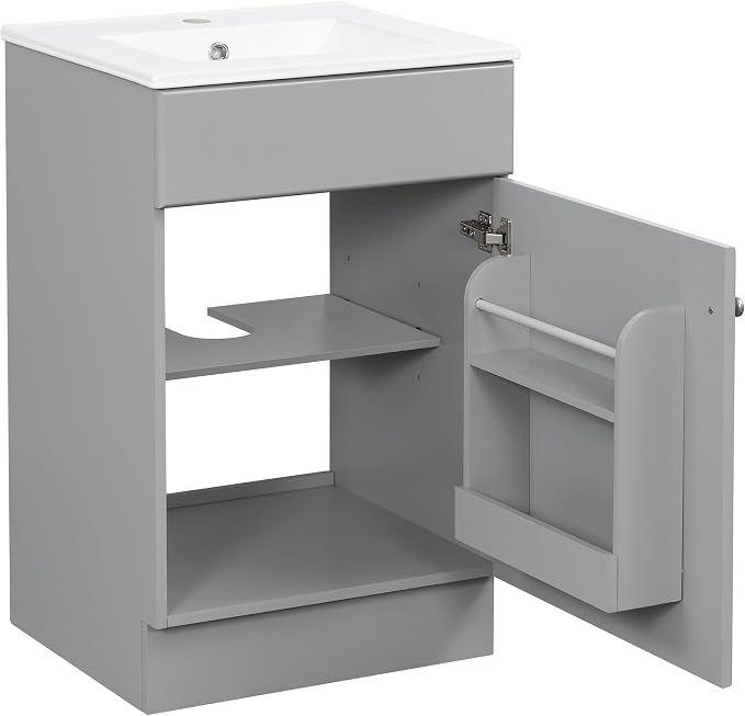 Christopher Knight Home Vanes Wood Frame 20" Bathroom Vanity with Ceramic Sink, Cabinet with Soft-Closing Door Shelf and Adjustable Shelf, Open Back, Metal Hardware, Storage/Organizer, Gray