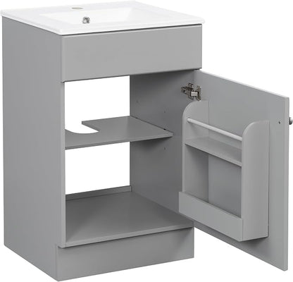 Christopher Knight Home Vanes Wood Frame 20" Bathroom Vanity with Ceramic Sink, Cabinet with Soft-Closing Door Shelf and Adjustable Shelf, Open Back, Metal Hardware, Storage/Organizer, Gray