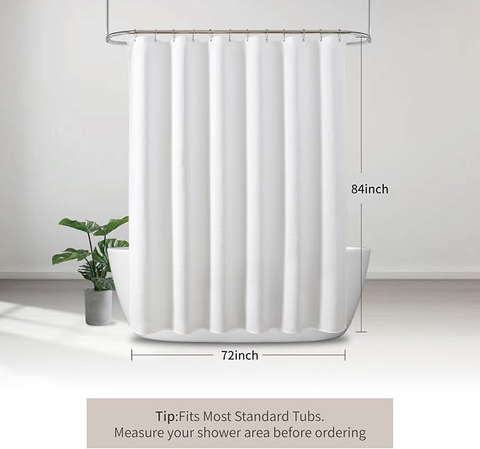 256GSM Heavy Duty Waffle Weave Shower Curtain, White 72"x84" | Extra Long with Weighted Hem & Rustproof Grommets - Water-Repellent Polyester, Hotel Spa Style for Bathroom,RV,Apartment