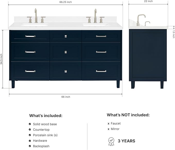 ARIEL Monroe 66-inch Bathroom Vanity with Sink,Solid Wood, 1.5-inch Carrara White Quartz Countertop & Backsplash, Double Oval Porcelain Sink, 9 Dovetail Drawers, Brushed Nickel, Midnight Blue