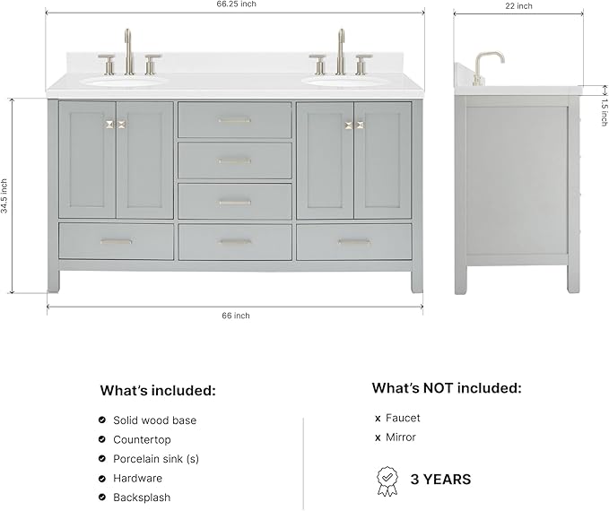 ARIEL Cambridge 66-inch Bathroom Vanity with Sink,Solid Wood, 1.5-inch Carrara White Quartz Countertop & Backsplash, Double Oval Porcelain Sink, 4 Soft Closing Doors, 6 Dovetail Drawers, Grey