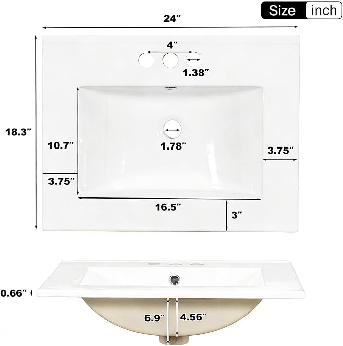 24 Inch Modern Bathroom Vanity with Ceramic Sink, Freestanding Bathroom Cabinet with Soft-Close Door, 3 Drawers, Gold Handles & Door-Mounted Storage Rack, Solid Wood & MDF, Black
