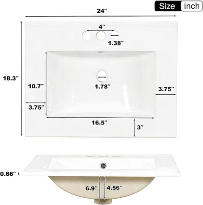 24 Inch Modern Bathroom Vanity with Ceramic Sink, Freestanding Bathroom Cabinet with Soft-Close Door, 3 Drawers, Gold Handles & Door-Mounted Storage Rack, Solid Wood & MDF, Black