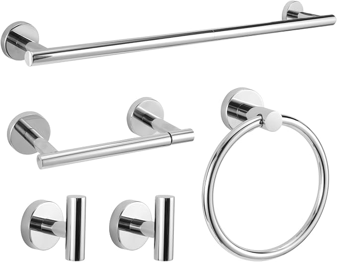 5 Piece Modern Style Wall Mounted Bathroom Hardware Set | #304 Stainless Steel, 24" Towel Bar Mount, Towel Rings, 2 Pillar Toilet Paper Holder, Bathrobe Hook (Chrome)