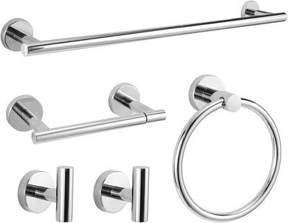 5 Piece Modern Style Wall Mounted Bathroom Hardware Set | #304 Stainless Steel, 24" Towel Bar Mount, Towel Rings, 2 Pillar Toilet Paper Holder, Bathrobe Hook (Chrome)