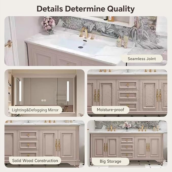 American Minimalist Bathroom Vanity with Sink Mirror 36-92IN, Premium Solid Wood Vanity with LED Lighting& Defogging