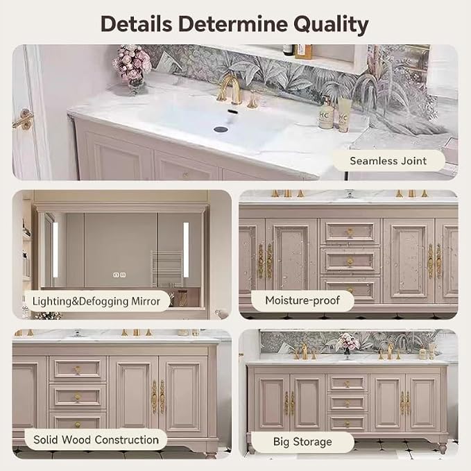 American Minimalist Bathroom Vanity with Sink Mirror 36-92IN, Premium Solid Wood Vanity with LED Lighting& Defogging