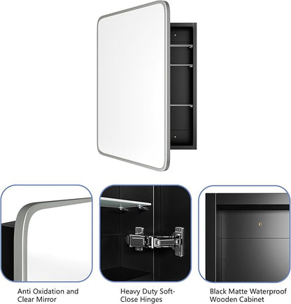 Bathroom Wood Black Cabinet with 20''x30'' Brushed Nickel Metal Frame Curved Mirror, Recessed Medicine Cabinet, Bathroom Storage Cabinet