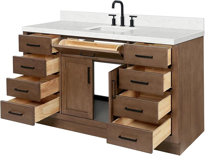 ARIEL Hepburn 60-inch Bathroom Vanity with Sink,Solid Wood, 1.5-inch Carrara White Quartz Countertop, Single Rectangular Porcelain Sink, 2 Soft Closing Doors, 9 Dovetail Drawers, Brown Oak