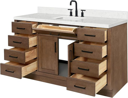 ARIEL Hepburn 60-inch Bathroom Vanity with Sink,Solid Wood, 1.5-inch Carrara White Quartz Countertop, Single Rectangular Porcelain Sink, 2 Soft Closing Doors, 9 Dovetail Drawers, Brown Oak