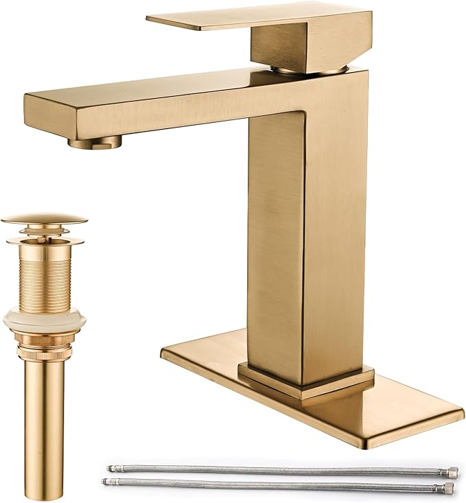 Brushed Gold Bathroom Faucet, Golden Single Hole Vanity Bath Faucet, Single Handle Modern Stainless Steel Bathroom Faucets for Sink 1 Hole with Pop Up Drain Stopper & Water Supply Hoses