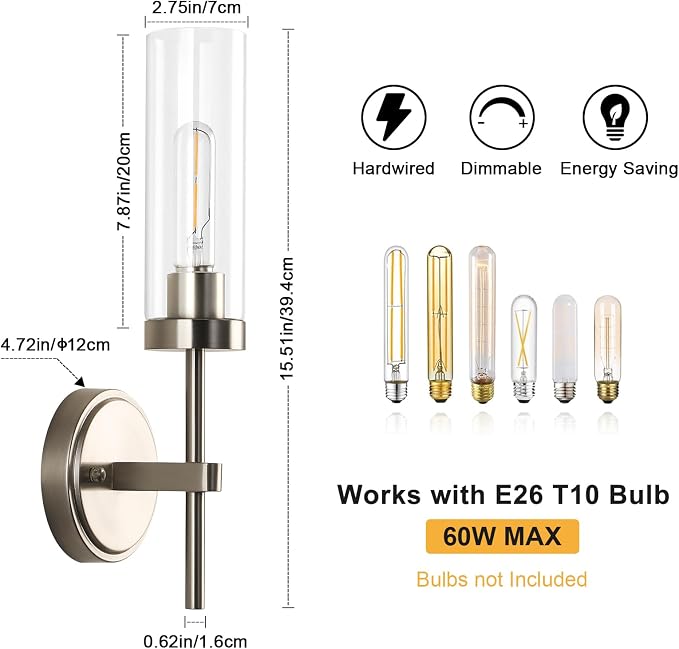 WILON Bathroom Wall Sconces Vanity Light Fixtures, Brushed Nickel, 2 pcs | Clear Glass Shade, 60W MAX, Modern Style for Vanity Mirror Bedroom Bedside Hallway Corridor Stairs bathroom
