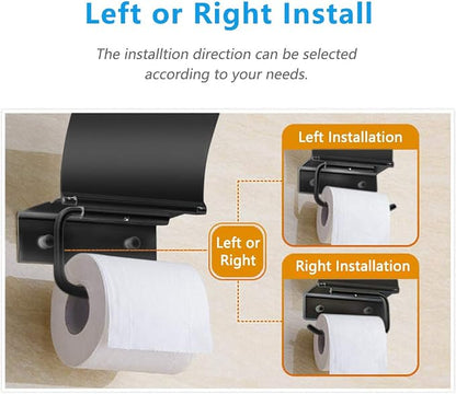 Matte Black Toilet Paper Holder Wall Mounted with Phone Shelf, Universal Modern Toilet Tissue Holder fit Mega Roll Toilet Paper, Cat Proof Toilet Paper Holder Bathroom Metal Aluminum Covered TP Holder | With Cover Lid, Cat Proof, Aluminum Metal, Rustpr...