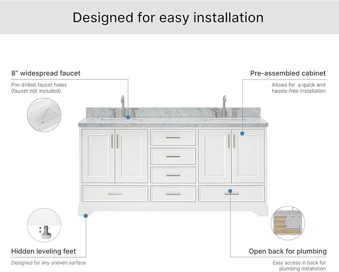 ARIEL Stafford 72-inch Bathroom Vanity with Sink,Solid Wood, 1.5-inch Italian Carrara Marble Countertop, Double Rectangular Porcelain Sink, 4 Soft Closing Doors, 6 Dovetail Drawers, White