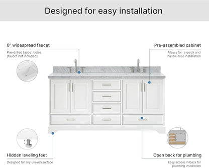 ARIEL Stafford 72-inch Bathroom Vanity with Sink,Solid Wood, 1.5-inch Italian Carrara Marble Countertop, Double Rectangular Porcelain Sink, 4 Soft Closing Doors, 6 Dovetail Drawers, White