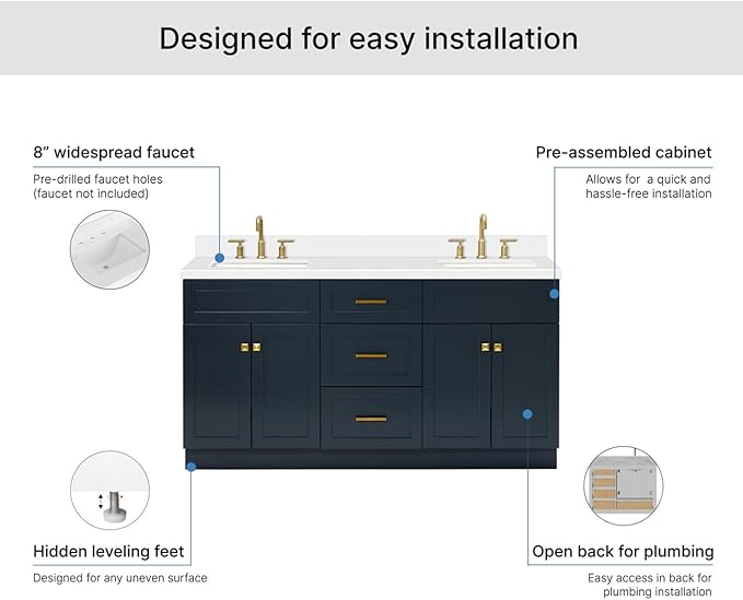 ARIEL Hamlet 66-inch Bathroom Vanity with Sink,Solid Wood, 1.5-inch Pure White Quartz Countertop, Double Rectangular Porcelain Sink, 4 Soft Closing Doors, 3 Dovetail Drawers, Midnight Blue