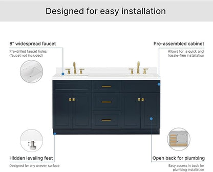 ARIEL Hamlet 66-inch Bathroom Vanity with Sink,Solid Wood, 1.5-inch Pure White Quartz Countertop, Double Rectangular Porcelain Sink, 4 Soft Closing Doors, 3 Dovetail Drawers, Midnight Blue