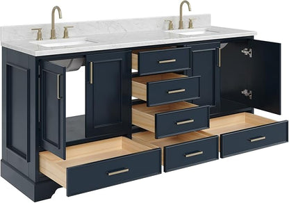 ARIEL Stafford 72-inch Bathroom Vanity with Sink,Solid Wood, 0.75-inch Italian Carrara Marble Countertop, Double Rectangular Porcelain Sink, 4 Soft Closing Doors, 6 Dovetail Drawers, Midnight Blue