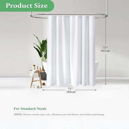 Waffle Shower Curtain 256 GSM Heavy Duty Fabric 72"x72" White | Thick Textured Cloth, Weighted Hem, Water Repellent Washable, Hotel Luxury Polyester Shower Curtain Set for Bathroom 12 Hooks