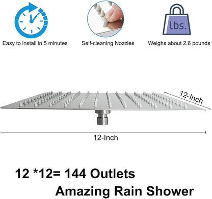 NearMoon Square Rain Shower Head With Extension Arm, Large Stainless Steel Rainfall Shower-Waterfall Full Body Coverage (12 Inch, Nickel)