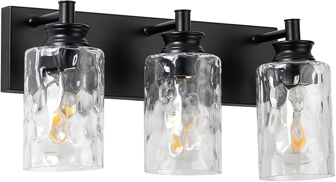 3 Light Bathroom Vanity Light Modern Black Bathroom Light Fixtures Over Mirror with Hammered Glass Lampshade for Kitchen Hallway