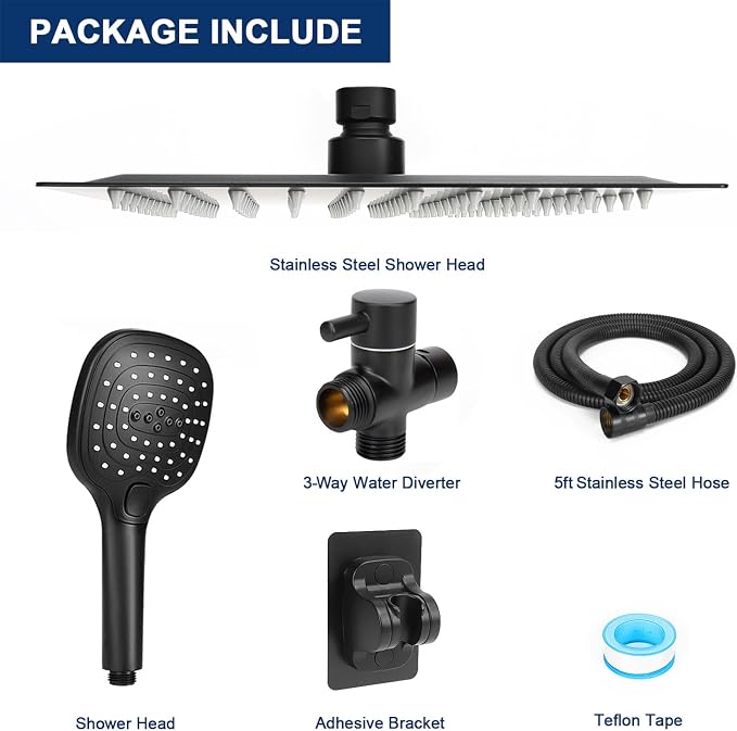 NearMoon Shower Head with Hose, High Pressure Stainless Steel Rain Shower and 3 Settings Handheld Spray Combo with Push Button Flow Control (8 Inch, Matte Black)