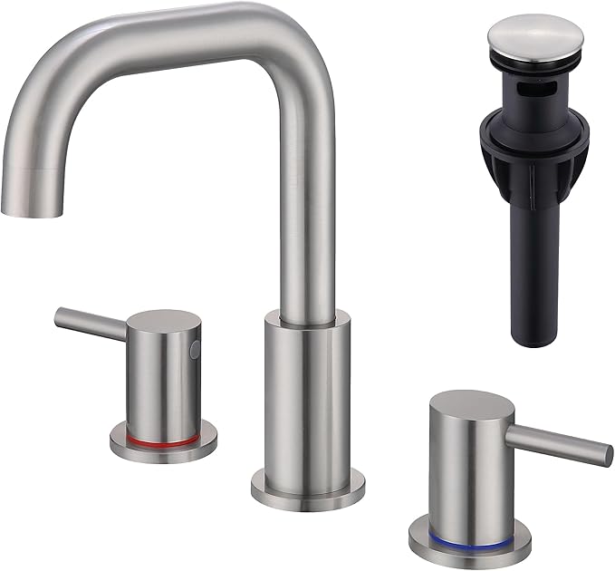 Brushed Nickel Bathroom Faucet 3 Hole, Widespread 8 in Bathroom Faucet for Sink with Pop Up Drain and Supply Lines, Stainless Steel 2 Handle Satin Nickel Sink Faucet Bathroom