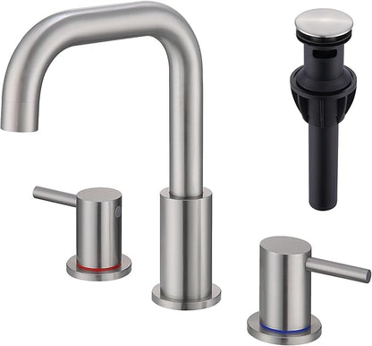 Brushed Nickel Bathroom Faucet 3 Hole, Widespread 8 in Bathroom Faucet for Sink with Pop Up Drain and Supply Lines, Stainless Steel 2 Handle Satin Nickel Sink Faucet Bathroom