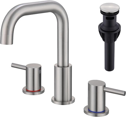 Brushed Nickel Bathroom Faucet 3 Hole, Widespread 8 in Bathroom Faucet for Sink with Pop Up Drain and Supply Lines, Stainless Steel 2 Handle Satin Nickel Sink Faucet Bathroom