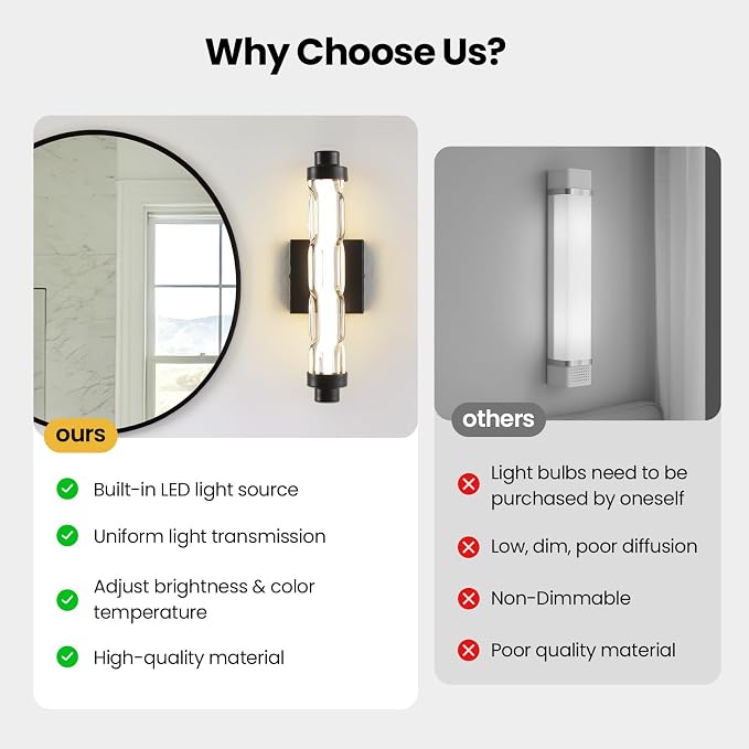 15.4" Black Wall Sconces Set of 2, Modern Bathroom Sconces with Ripple Glass Shade, 5CCT Dimmable LED Wall Lights 14W for Bedroom, Hallway, Staircase