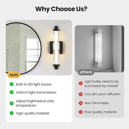 15.4" Black Wall Sconces Set of 2, Modern Bathroom Sconces with Ripple Glass Shade, 5CCT Dimmable LED Wall Lights 14W for Bedroom, Hallway, Staircase