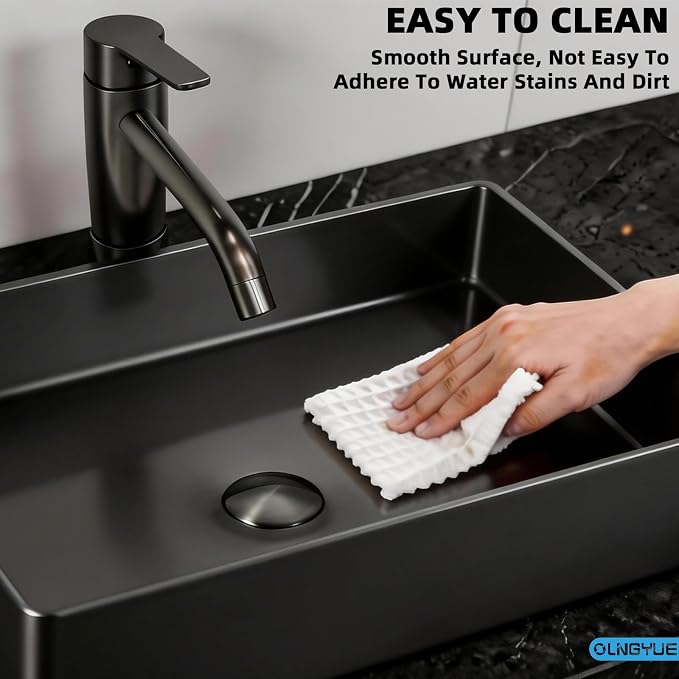 Black Rectangular Bathroom Vessel Sink: 20"x14" Modern Vanity Washbasin | Above Counter Lavatory Basin with Stainless Stee PVD Coating Pop Up Drain for Home Hotel Office Toilet Renovation Decoration
